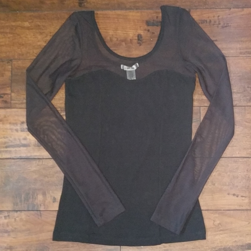 Sweetheart Neckline Mesh Long Sleeve Top